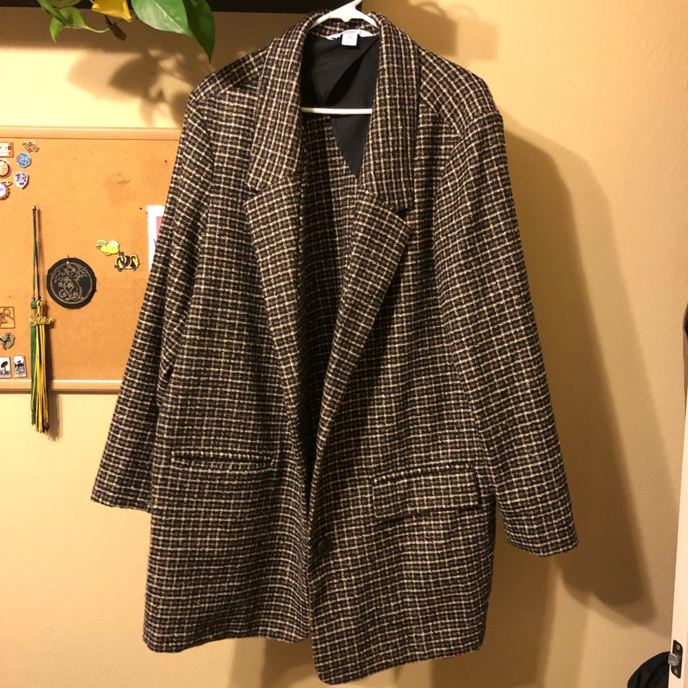 Oversized Textured Check Pattern Blazer Jacket 3X